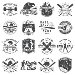 Set of baseball and skateboard club badge. Vector illustration. Concept for shirt or logo, print, stamp or tee.