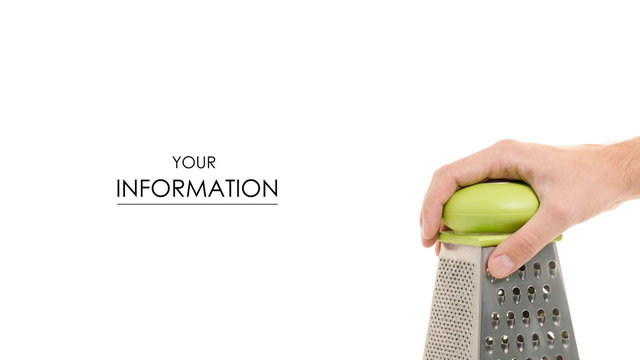Man's hands kitchen grater on a white background isolation