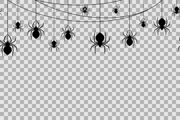 Seamless pattern with spiders for Halloween celebration on transparent background. Vector Illustration.