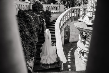 Walking newlyweds in nature. The bride and groom on a stone staircase.