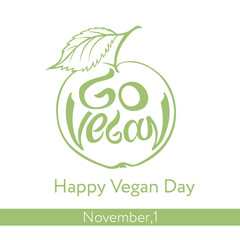 Go vegan slogan. Hand lettering in the shape of green apple