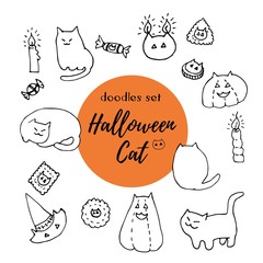 Halloween cat vector set. Hand drawn ink doodles of fat cats, pumpkins, hats, cookies, candles and candies