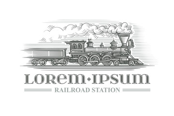 Hand drawn vintage locomotive engraving style. Vector. Text outlined.  © yuromanovich