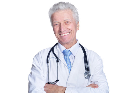 Portrait Of A Senior Male Doctor Isolated On White Background