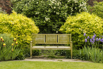 Three seater wooden bench in summer garden full of flowering plants and shrubs.