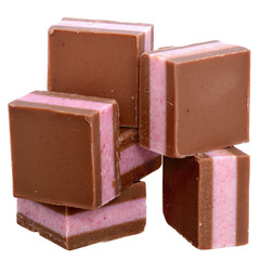Dark chocolate cubes with fruit berry cream filling isolated