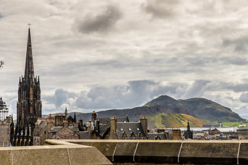 View of the mountains around Edinburgh, Scotland as seen from the city's famous Castle