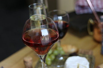 Wine, croissant, cheese.