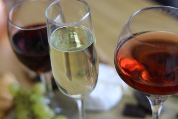Wine, croissant, cheese.