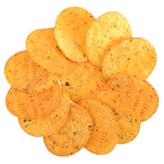 Pile of corn chips with spices top view isolated