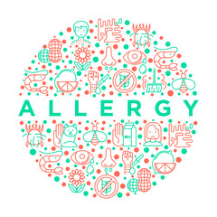 Allergy concept in circle with thin line icons: runny nose, dust, streaming eyes, lactose intolerance, citrus, seafood, gluten free, dust mite, allergy test, edema. Vector illustration.