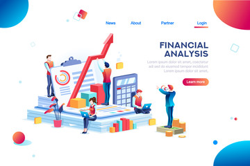 Balance financial value, management and administration concept. Characters, people engineering a plan. Statistic, calculating financial risk graph. Flat Isometric characters vector illustration.