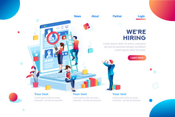 Social presentation for employment. Infographic for recruiting. Web recruit resources, choice, research or fill form for selection. Application for employee hiring. flat isometric vector illustration.