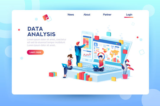 Data analysis concept with characters. Engine strategy, analyzing, infographic of workplace for developers, workspace for creative optimization. Template for web banner, flat isometric illustration.