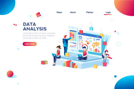 Data analysis concept with characters. Engine strategy, analyzing, infographic of workplace for developers, workspace for creative optimization. Template for web banner, flat isometric illustration.
