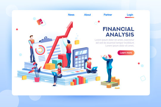 Balance financial value, management and administration concept. Characters, people engineering a plan. Statistic, calculating financial risk graph. Flat Isometric characters vector illustration.