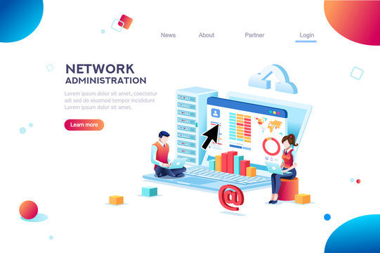Data center repair information, administrator on network, lan concept. Character monitor and support, admin of website. Banner infographic icons flat isometric emblem flowchart vector illustration.