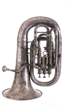 chrome-plated vintage music trumpet, old musical wind instrument isolated on white background,