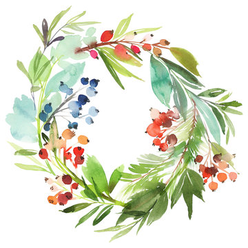 Christmas wreath with berries watercolor postcard.