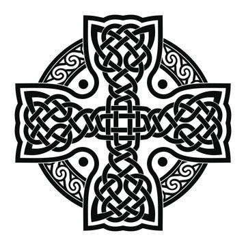 Celtic national cross with ornament interlaced ribbon isolated on white background. Element for graphic design and tattoo.