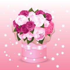 A bouquet of flowers in a gift box. Vector illustration for your greetings.