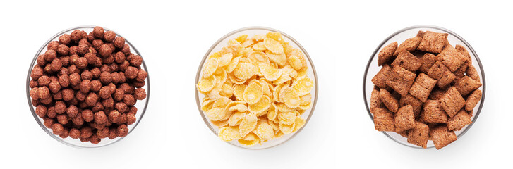 Top view on glass bowls with dry breakfast