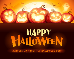 Fototapeta premium Happy Halloween. Jack O Lantern party. Halloween pumpkin patch in the moonlight. 