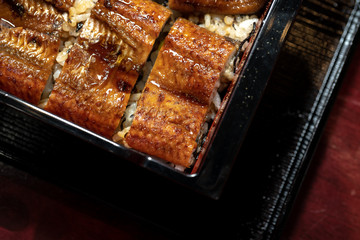 Rice topped with grilled roasted eel, Kabayaki.