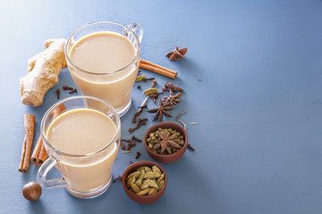 Obraz na płótnie Canvas Hot Indian milk tea with spices - cinnamon, cardamom, ginger, cloves, tubby, sweet pepper on a wine background. Copy space