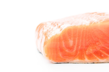 Fresh salmon steak on white background.