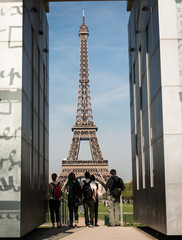Fototapeta na wymiar Eiffel Tour seen through the Wall of Peace, Champs de Mars, Paris, France