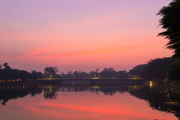 Sunrise sky view over a bridge at Cisadane River, Tangerang, Indonesia.