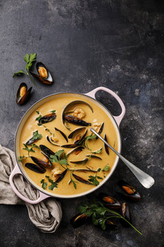 Seafood Soup With Shrimp And Mussel In Casserole On Dark Background Copy Space