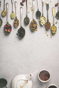 Assortment Of Dry Tea In Vintage Spoons