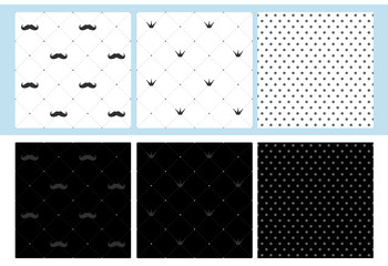 Set of 6 seamless patterns with mustache, crown and dots. Little man print party decoration. Wrap a father's gift. Dark and light classic fabric. Royal design for king/prince birth. Stag party invite