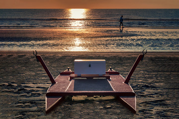 Rimini, Italy - Sunrise - Rescue boat at a beach in Adriatic sea, Emilia Romagna