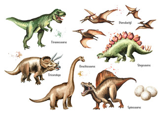 Dinosaur set. Watercolor hand drawn illustration, isolated on white background