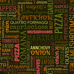 Pizza words, tags. Seamless pattern