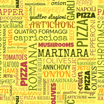 Pizza words, tags. Seamless pattern