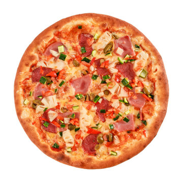 Pizza with salami, sausage, ham, green olives, red pepper, cucumber, pineapple and greens isolated on white