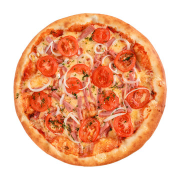 Pizza with ham, tomatoes, onion and greens isolated on white