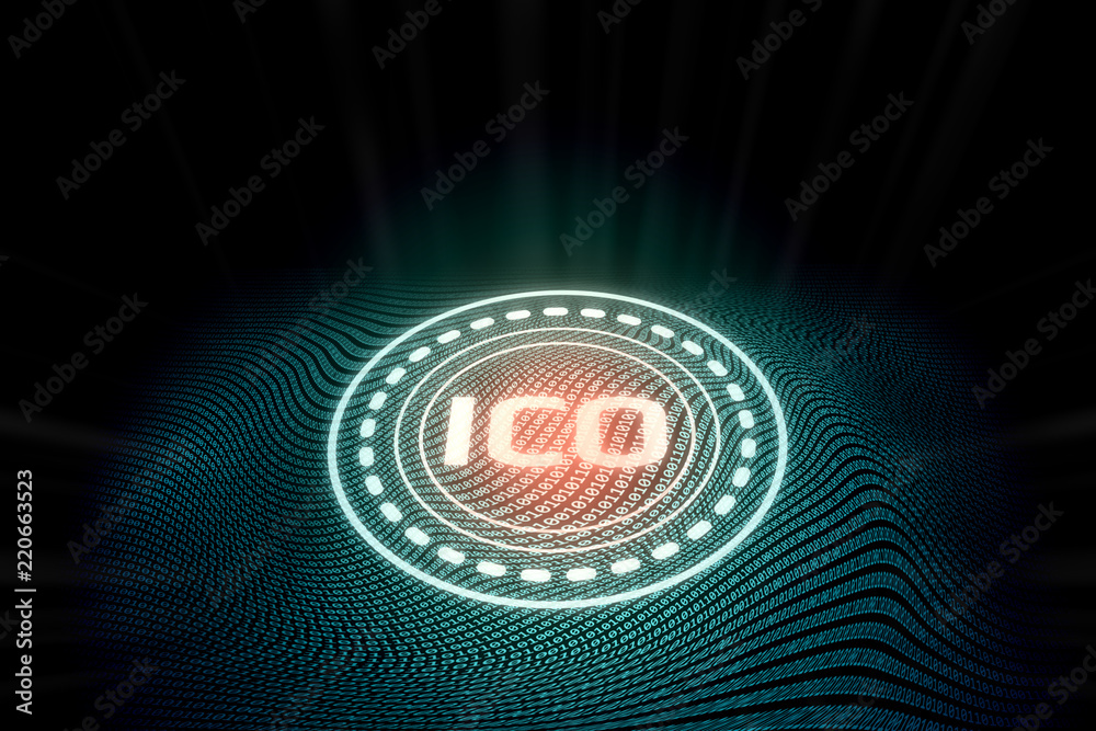 Poster futuristic digital glowing initial coin offering (ico) with abstract binary zero-one text wave backg