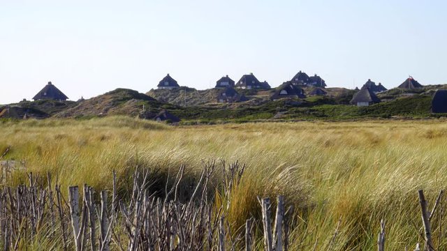 Reetdach H&auml;user auf  Sylt mit D&uuml;nen Landschaft 
