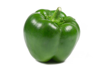 Ripe sweet pepper of a green color on a white background. Delicious, juicy, healthy green pepper Vegetable natural vegetables of rural production.