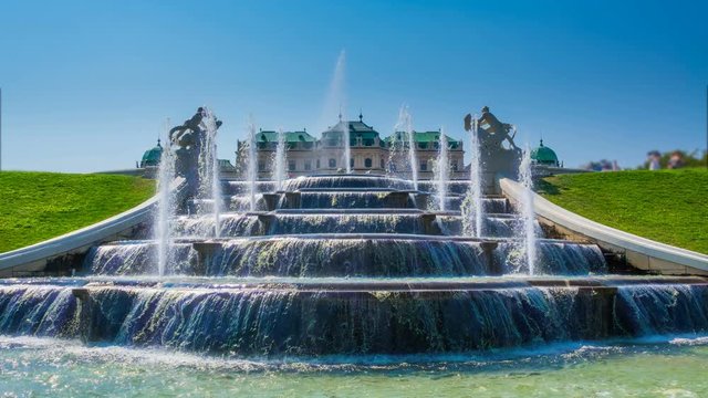 The fountain in the Belvedere historic building complex in Vienna, Austria. Time lapse