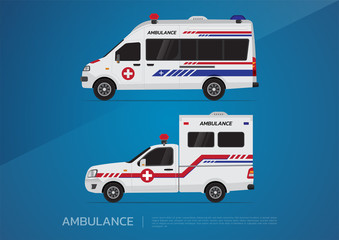 The van ambulance and pickup ambulance character design on blue blackground.