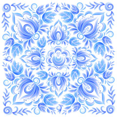 Bleu vector floral ornament pattern tile for napkin or shawl in Russian gzhel style