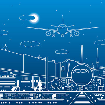 Airport illustration. Passengers go to the airplane. Aviation travel transportation infrastructure. The plane is on the runway. Night city on background, vector design art