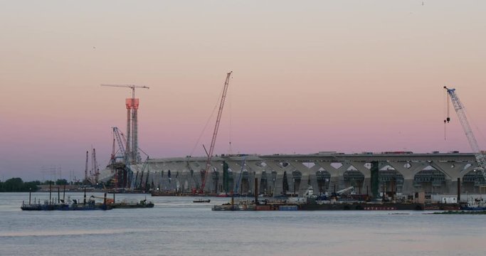 Major construction site of a bridge in a metropolis, Montreal, Canada