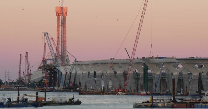 Major construction site of a bridge in a metropolis, Montreal, Canada